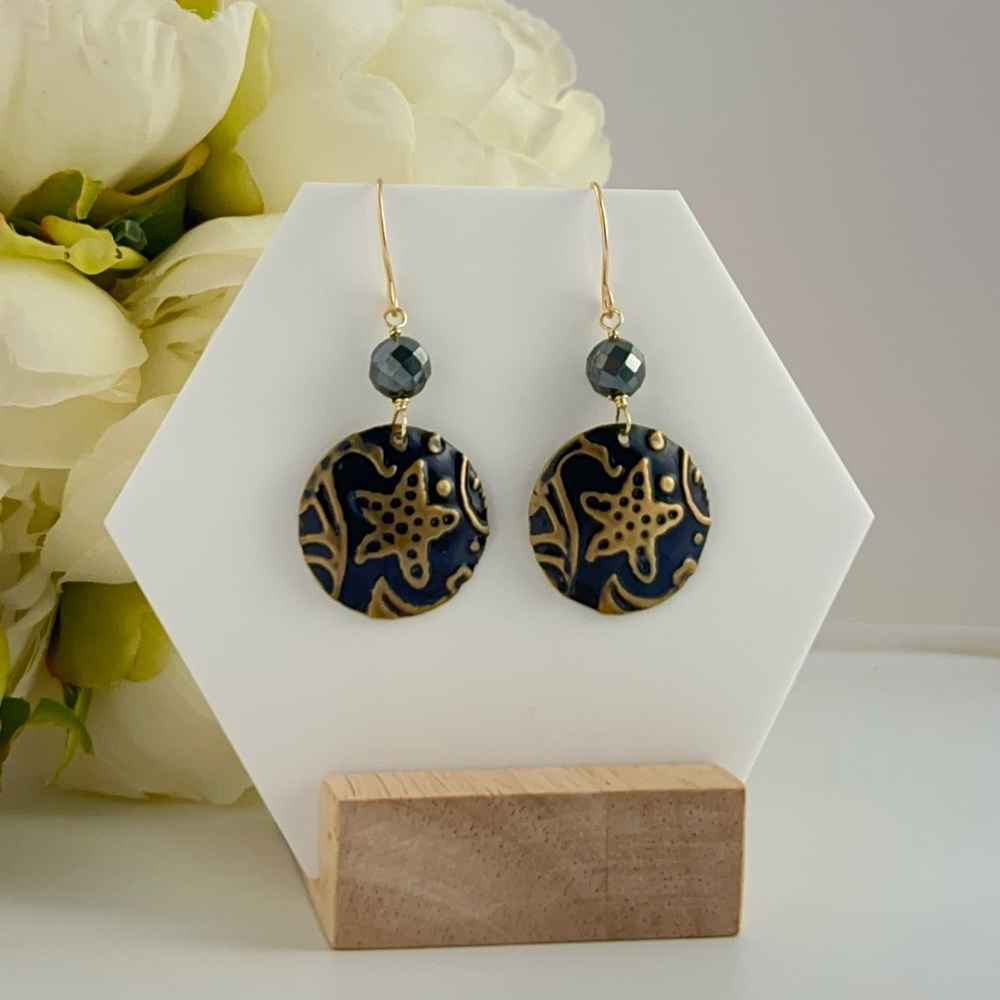 Jet Black Starfish Hanpainted Dangle Earrings with Faceted Onyx
